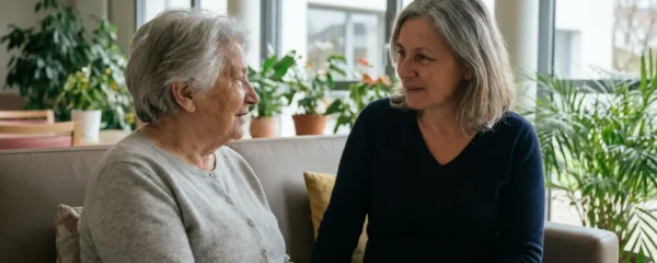 Échange entre une résidente et sa fille dans un espace commun lumineux d'EHPAD