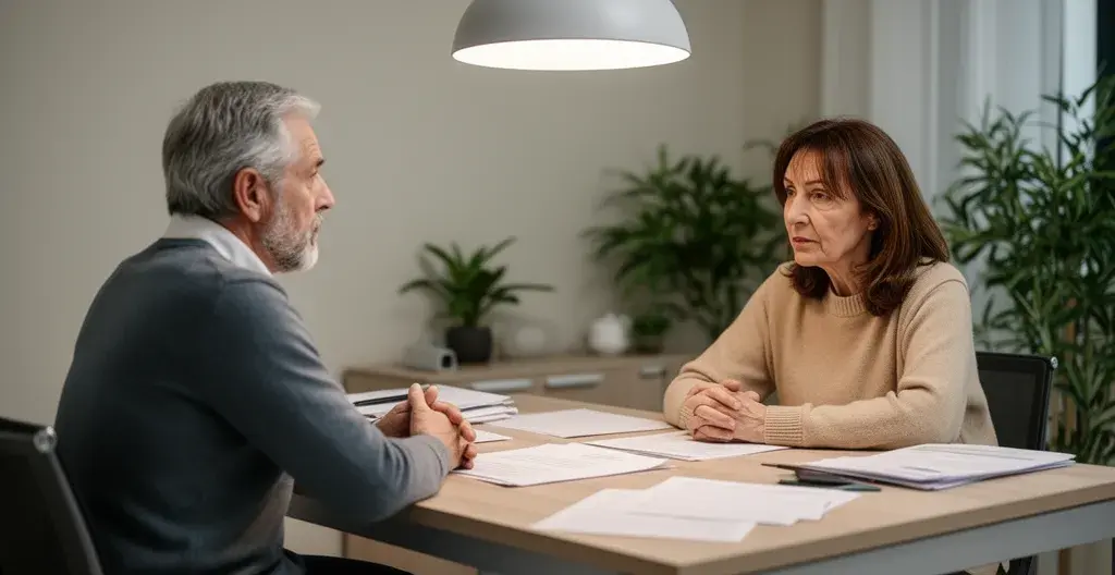 Famille en discussion avec la direction dans un bureau d'EHPAD