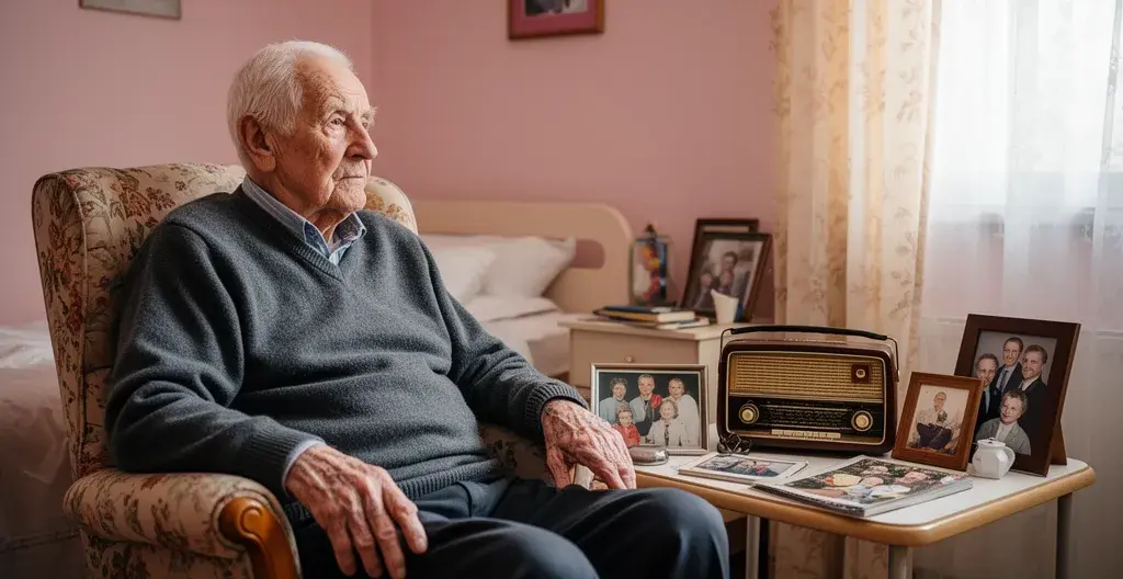 Résident dans son espace personnel en EHPAD entouré de photos et objets familiers